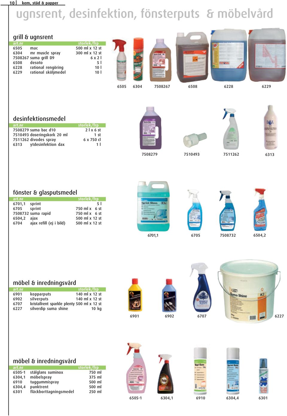 750 cl 6313 ytdesinfektion dax 1 l 7508279 7510493 7511262 6313 fönster & glasputsmedel 6701,1 sprint 5 l 6705 sprint 750 ml x 6 st 7508732 suma rapid 750 ml x 6 st 6504,2 ajax 500 ml x 12 st 6704