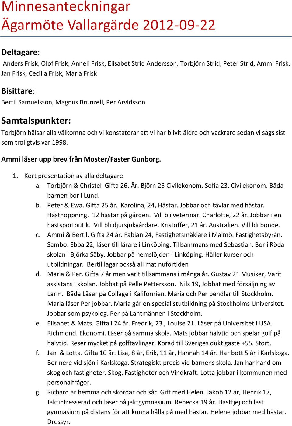 troligtvis var 1998. Ammi läser upp brev från Moster/Faster Gunborg. 1. Kort presentation av alla deltagare a. Torbjörn & Christel Gifta 26. År. Björn 25 Civilekonom, Sofia 23, Civilekonom.