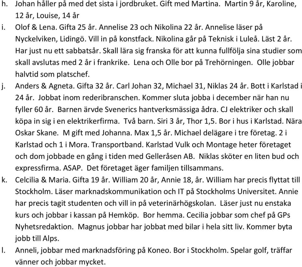 Skall lära sig franska för att kunna fullfölja sina studier som skall avslutas med 2 år i frankrike. Lena och Olle bor på Trehörningen. Olle jobbar halvtid som platschef. j. Anders & Agneta.