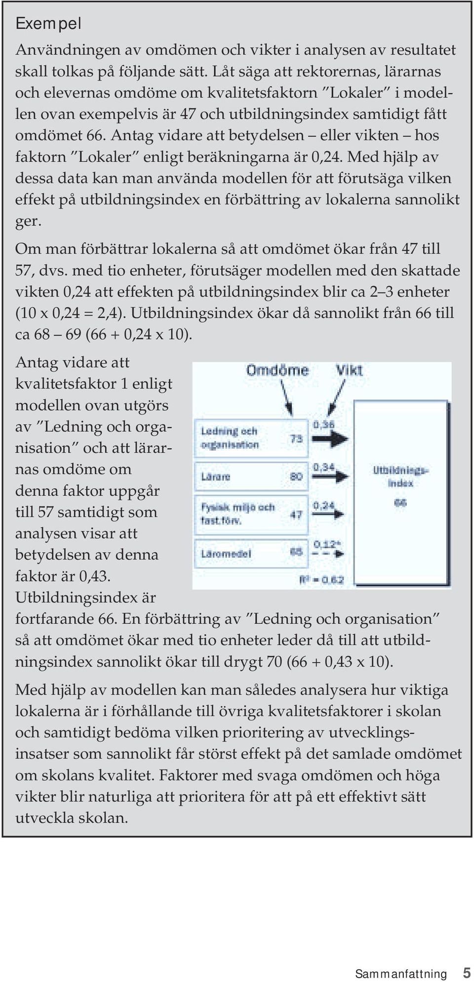 Antag vidare att betydelsen eller vikten hos faktorn Lokaler enligt beräkningarna är 0,24.