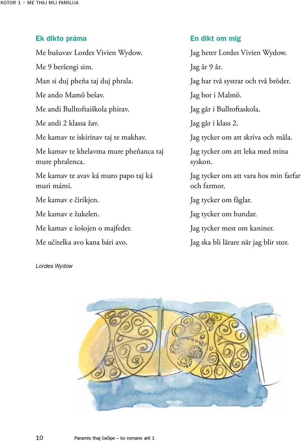 Me kamav e žukelen. Me kamav e šošojen o majfeder. Me učitelka avo kana bári avo. En dikt om mig Jag heter Lordes Vivien Wydow. Jag är 9 år. Jag har två systrar och två bröder. Jag bor i Malmö.