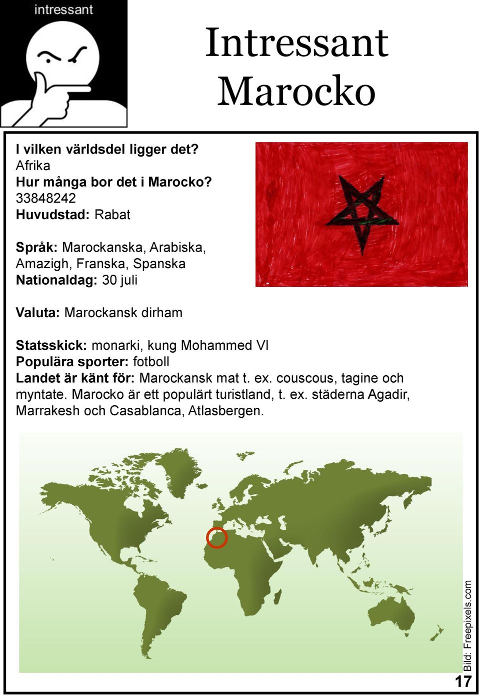 Marockansk dirham Statsskick: monarki, kung Mohammed VI Populära sporter: fotboll Landet är känt för: Marockansk mat t.