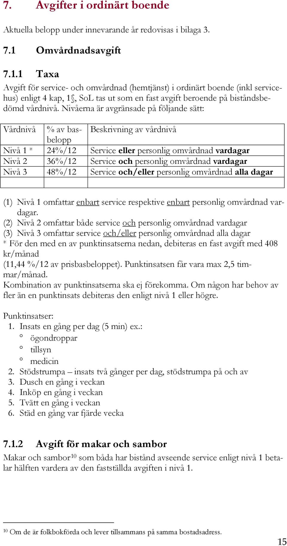 Nivåerna är avgränsade på följande sätt: Vårdnivå % av basbelopp Beskrivning av vårdnivå Nivå 1 * 24%/12 Service eller personlig omvårdnad vardagar Nivå 2 36%/12 Service och personlig omvårdnad