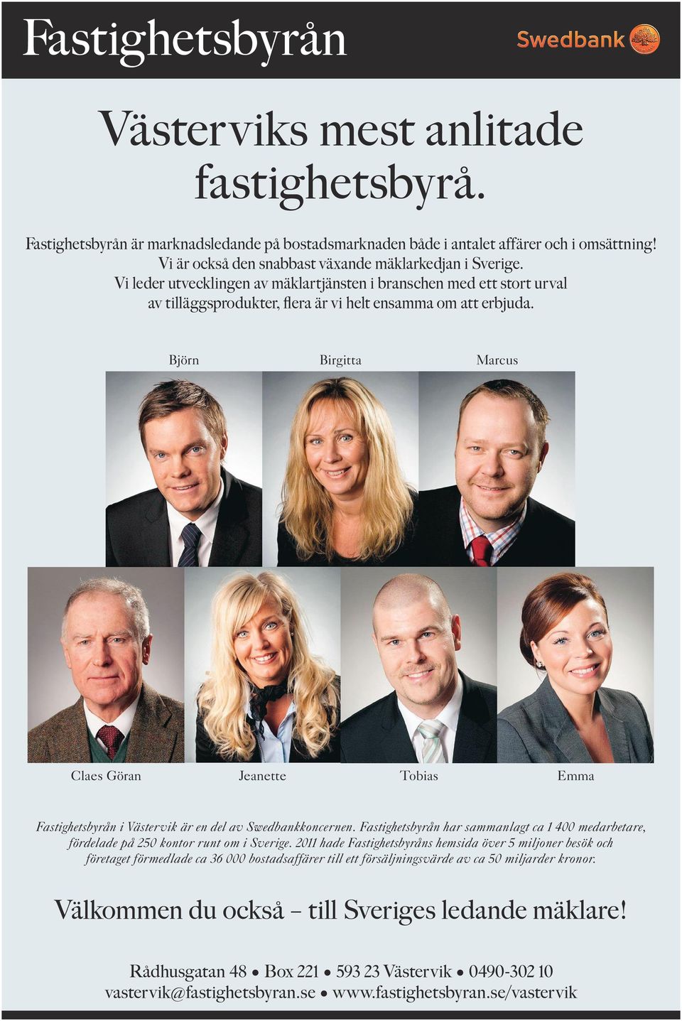 Björn Claes Göran Birgitta Jeanette Marcus Tobias Emma Fastighetsbyrån i Väster vik är en del av Swedbankkoncernen.
