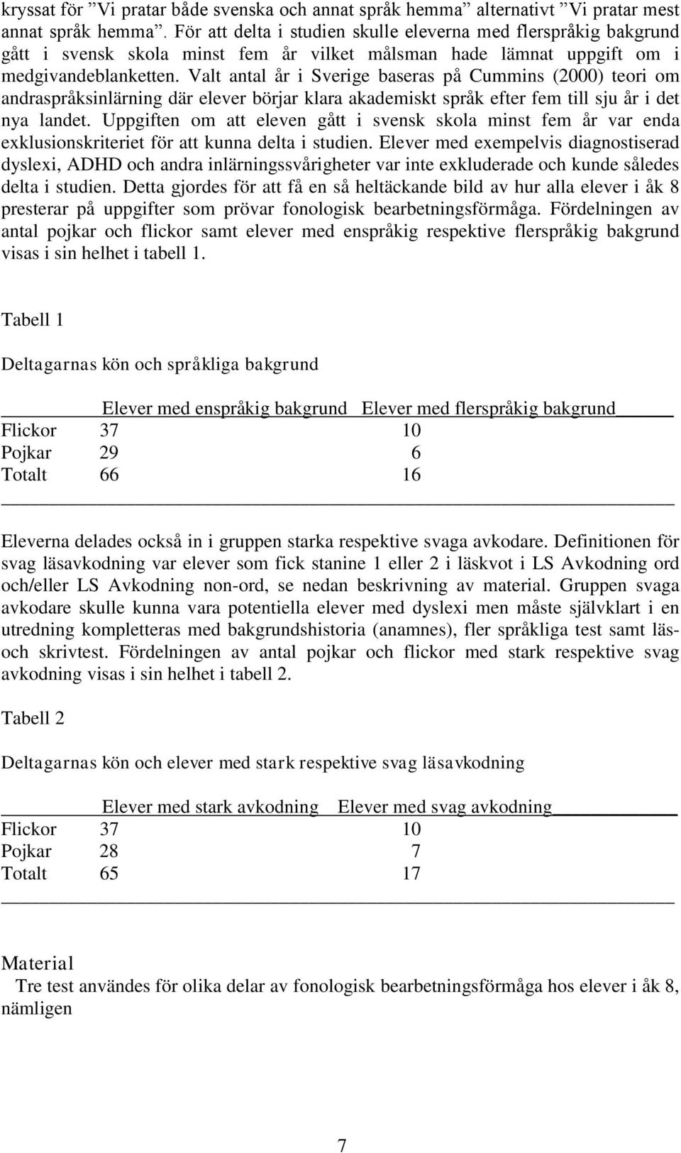 Valt antal år i Sverige baseras på Cummins (2000) teori om andraspråksinlärning där elever börjar klara akademiskt språk efter fem till sju år i det nya landet.