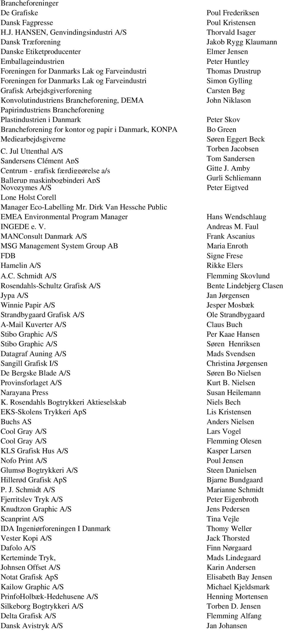Farveindustri Thomas Drustrup Foreningen for Danmarks Lak og Farveindustri Simon Gylling Grafisk Arbejdsgiverforening Carsten Bøg Konvolutindustriens Brancheforening, DEMA John Niklason