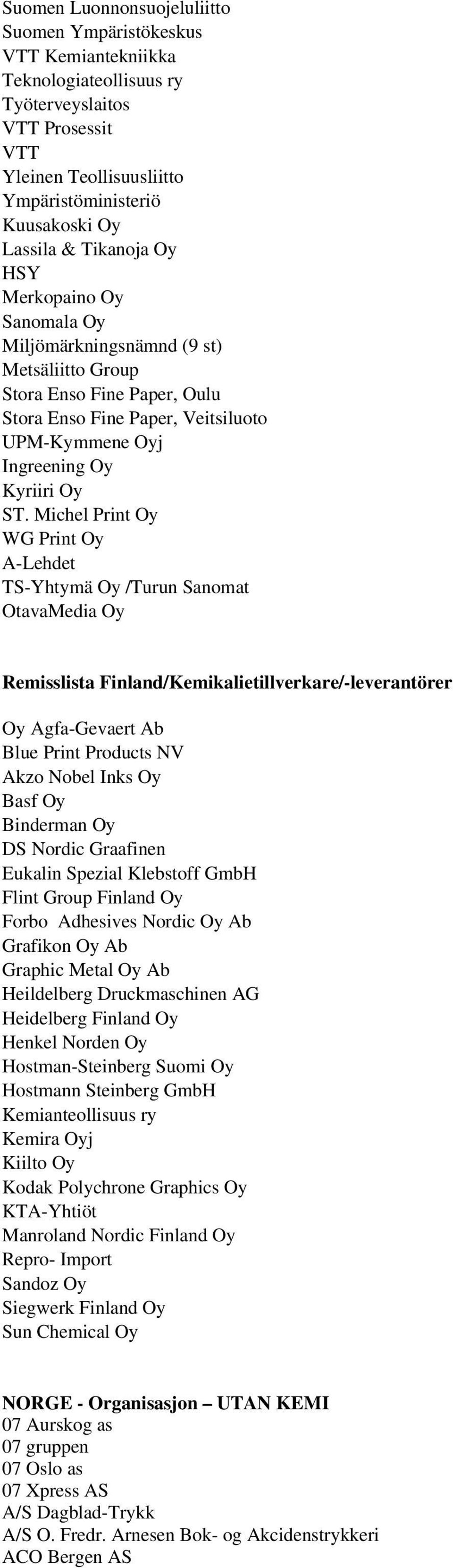 Michel Print Oy WG Print Oy A-Lehdet TS-Yhtymä Oy /Turun Sanomat OtavaMedia Oy Remisslista Finland/Kemikalietillverkare/-leverantörer Oy Agfa-Gevaert Ab Blue Print Products NV Akzo Nobel Inks Oy Basf