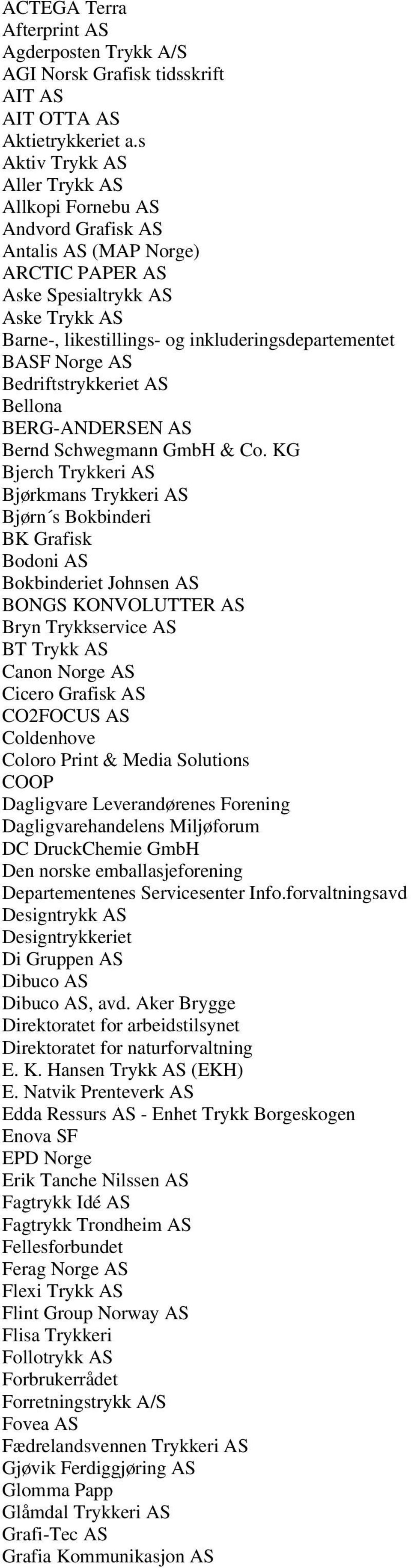 BASF Norge AS Bedriftstrykkeriet AS Bellona BERG-ANDERSEN AS Bernd Schwegmann GmbH & Co.