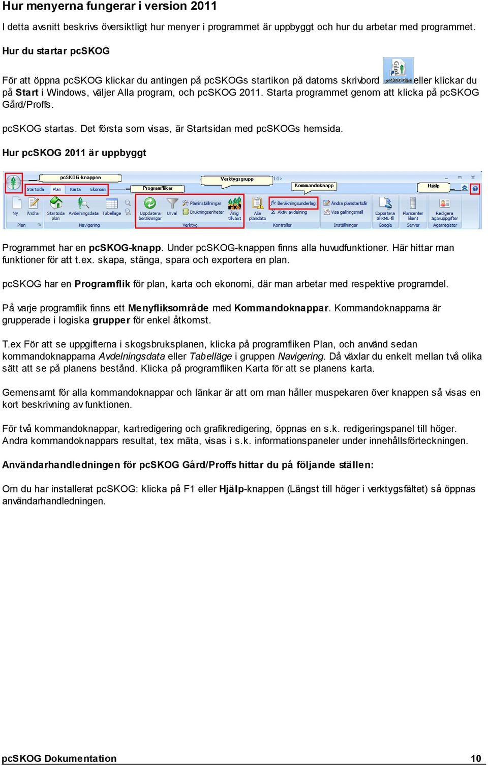 Starta programmet genom att klicka på pcskog Gård/Proffs. pcskog startas. Det första som visas, är Startsidan med pcskogs hemsida. Hur pcskog 2011 är uppbyggt Programmet har en pcskog-knapp.