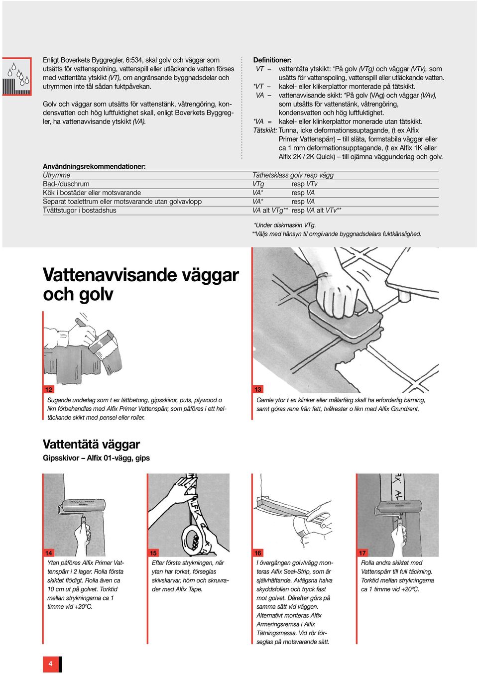 Användningsrekommendationer: Utrymme Täthetsklass golv resp vägg Bad-/duschrum VTg resp VTv Kök i bostäder eller motsvarande VA* resp VA Separat toalettrum eller motsvarande utan golvavlopp VA* resp