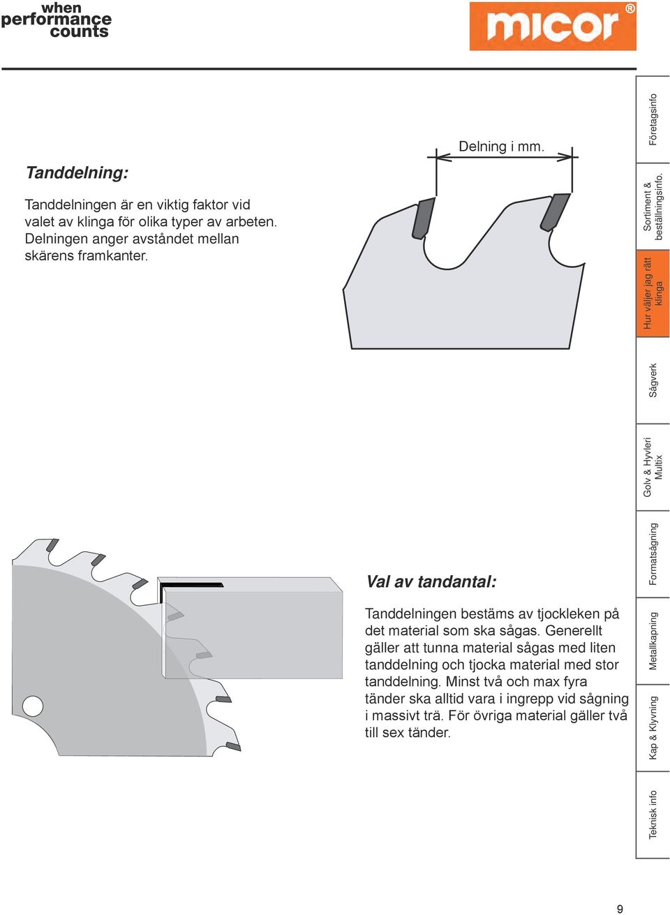 Företagsinfo Val av tandantal: Tanddelningen bestäms av tjockleken på det material som ska sågas.