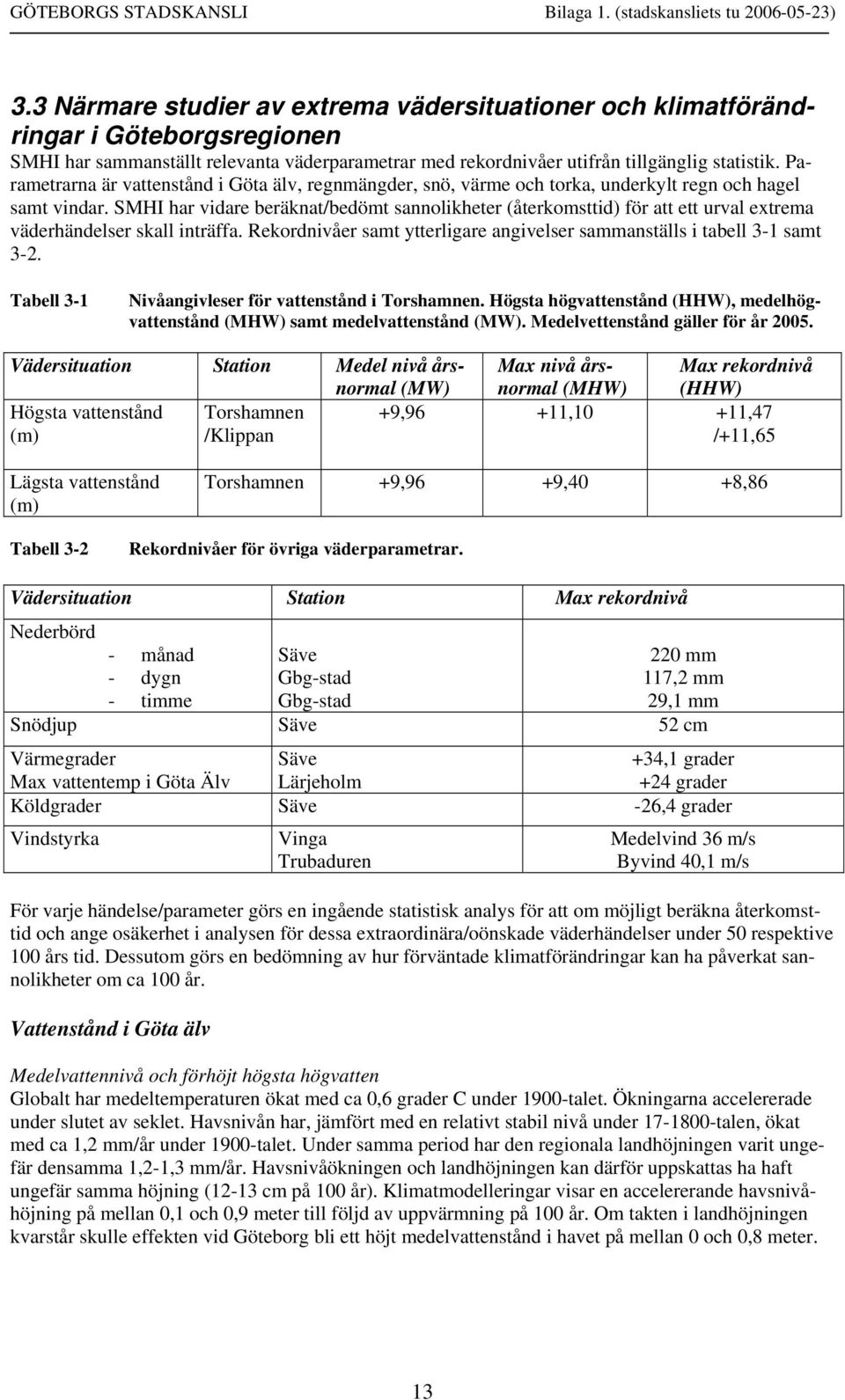 SMHI har vidare beräknat/bedömt sannolikheter (återkomsttid) för att ett urval extrema väderhändelser skall inträffa. Rekordnivåer samt ytterligare angivelser sammanställs i tabell 3-1 samt 3-2.