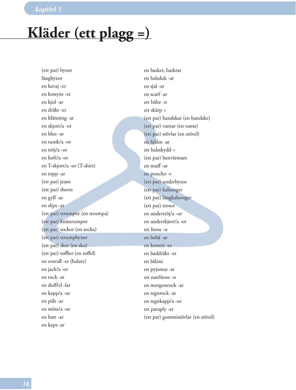 (ett par) skor (en sko) (ett par) tofflor (en toffel) en overall -er (halare) en jack/a -or en rock -ar en duff/el -lar en kapp/a -or en päls -ar en möss/a -or en hatt -ar en keps -ar en basker,