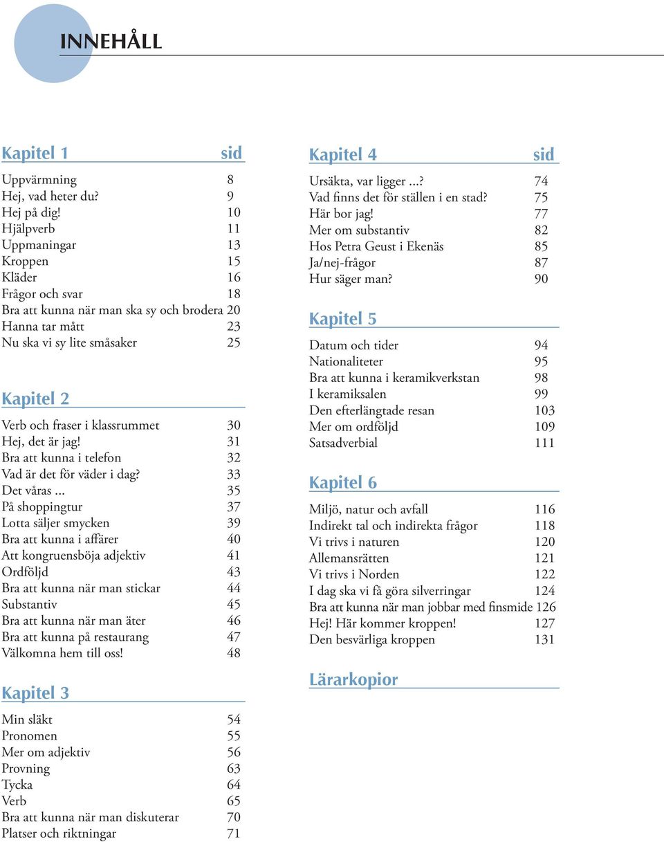 klassrummet 30 Hej, det är jag! 31 Bra att kunna i telefon 32 Vad är det för väder i dag? 33 Det våras.