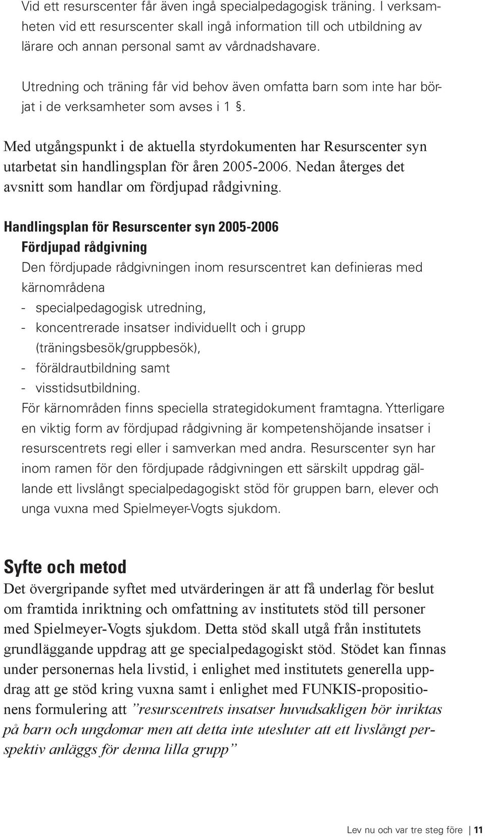 Med utgångspunkt i de aktuella styrdokumenten har Resurscenter syn utarbetat sin handlingsplan för åren 2005-2006. Nedan återges det avsnitt som handlar om fördjupad rådgivning.