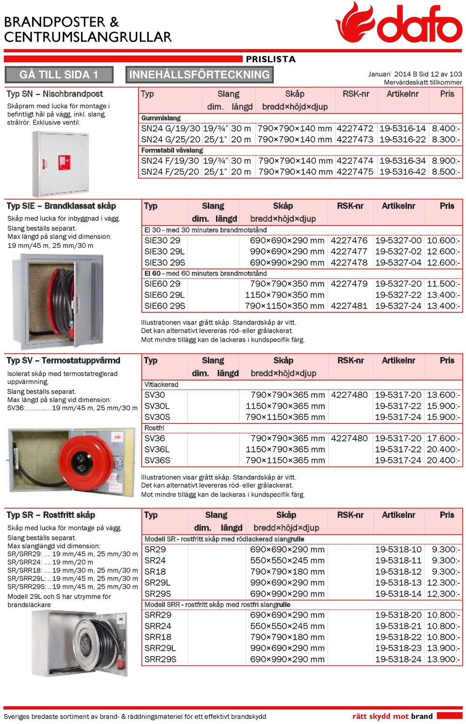 00:- Typ SIE Brandklassat skåp Typ Slang Skåp RSK-nr Artikelnr Pris dim. längd bredd höjd djup Skåp med lucka för inbyggnad i vägg. Slang beställs separat.