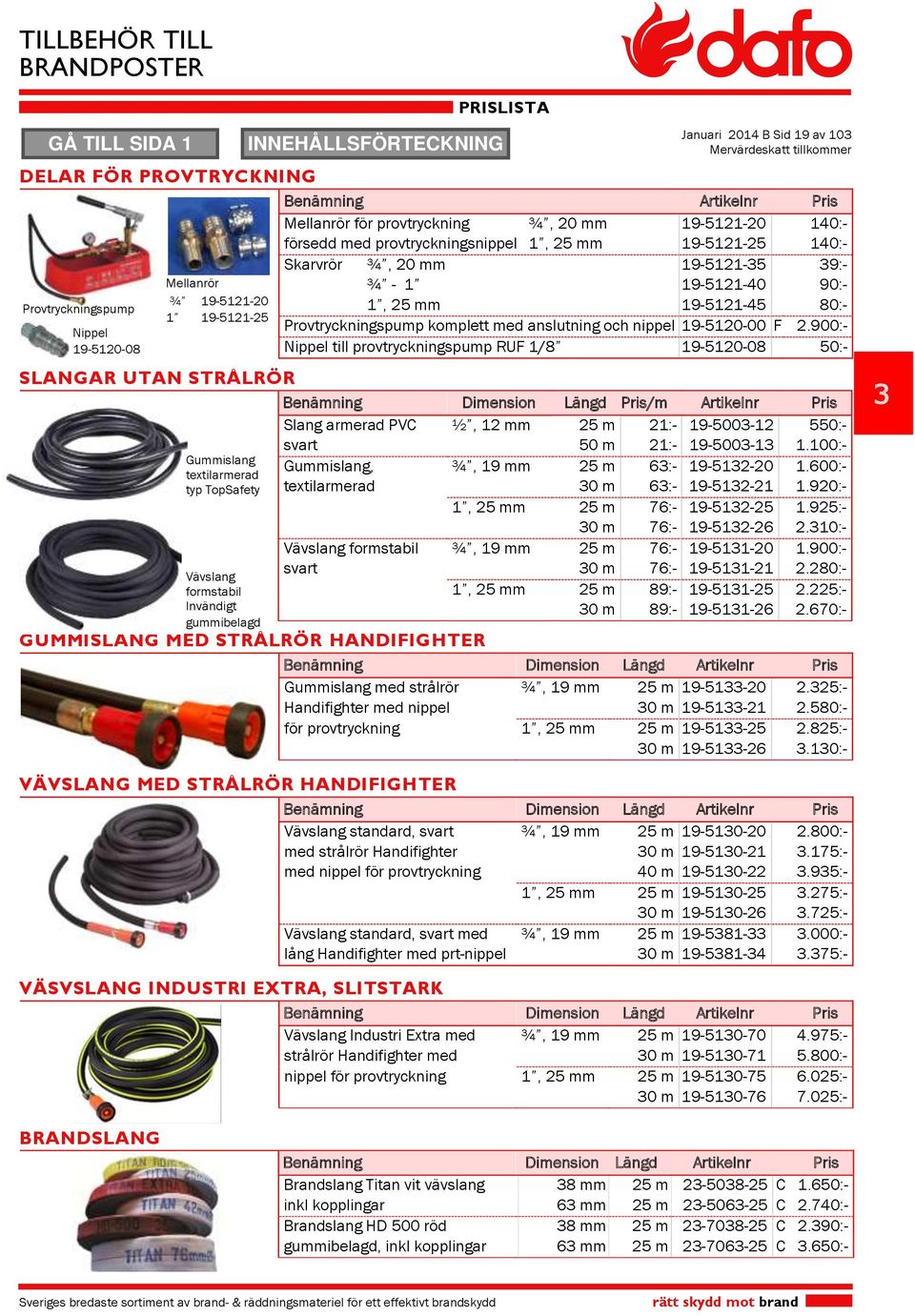 00:- Nippel till provtryckningspump RUF / --0 0:- SLANGAR UTAN STRÅLRÖR Benämning Dimension Längd Pris/m Artikelnr Pris Slang armerad PVC ½, mm m :- -00-0:- Gummislang textilarmerad typ TopSafety