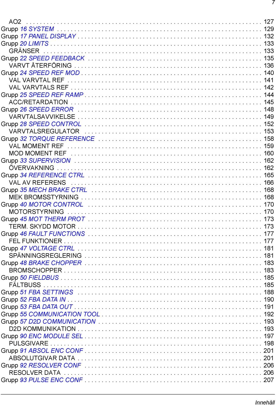 .................................................. 135 VARVT ÅTERFÖRING....................................................... 136 Grupp 24 SPEED REF MOD..................................................... 140 VAL VARVTAL REF.