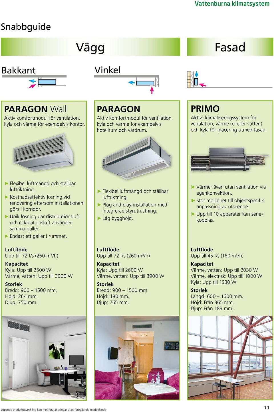 PRIMO Aktivt klimatiseringssystem för ventilation, värme (el eller vatten) och kyla för placering utmed fasad. Flexibel luftmängd och ställbar luftriktning.