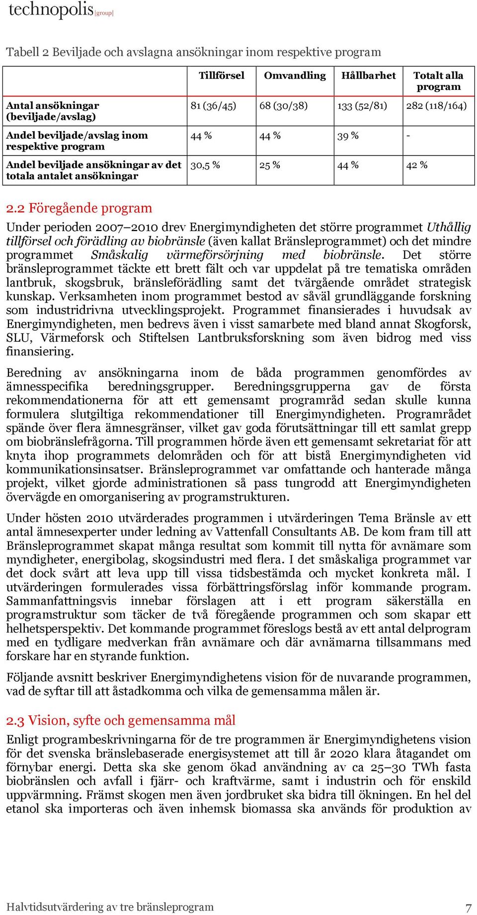 2 Föregående program Under perioden 2007 2010 drev Energimyndigheten det större programmet Uthållig tillförsel och förädling av biobränsle (även kallat Bränsleprogrammet) och det mindre programmet