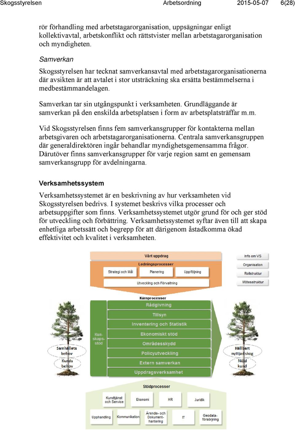 Samverkan tar sin utgångspunkt i verksamheten. Grundläggande är samverkan på den enskilda arbetsplatsen i form av arbetsplatsträffar m.m. Vid Skogsstyrelsen finns fem samverkansgrupper för kontakterna mellan arbetsgivaren och arbetstagarorganisationerna.