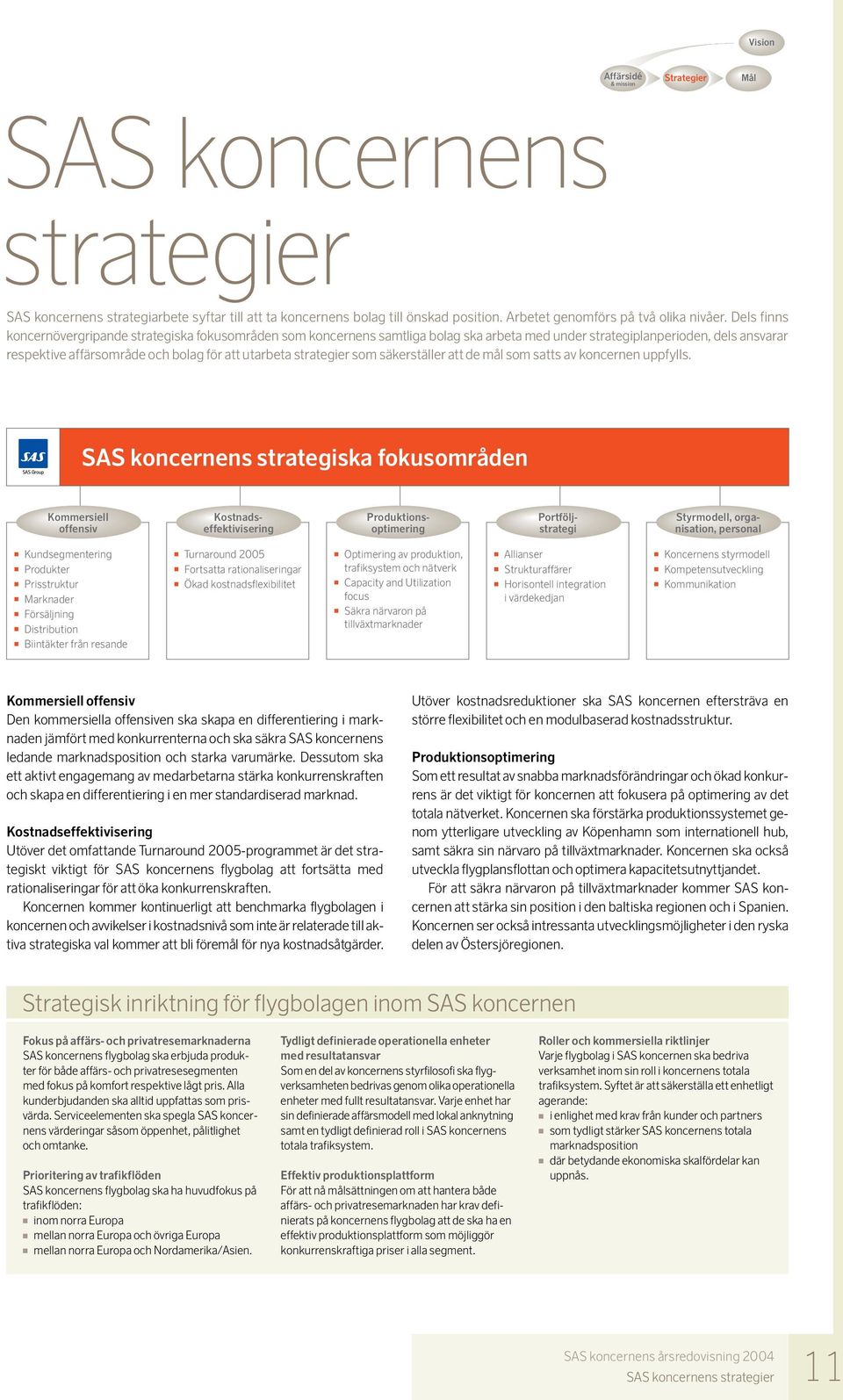 Dels finns koncernövergripande strategiska fokusområden som koncernens samtliga bolag ska arbeta med under strategiplanperioden, dels ansvarar respektive affärsområde och bolag för att utarbeta