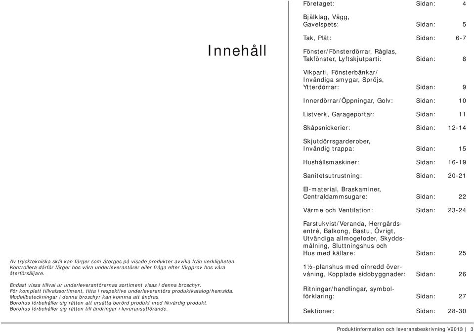 Sidan: 16-19 Sanitetsutrustning: Sidan: 20-21 El-material, Braskaminer, Centraldammsugare: Sidan: 22 Värme och Ventilation: Sidan: 23-24 Av trycktekniska skäl kan färger som återges på visade