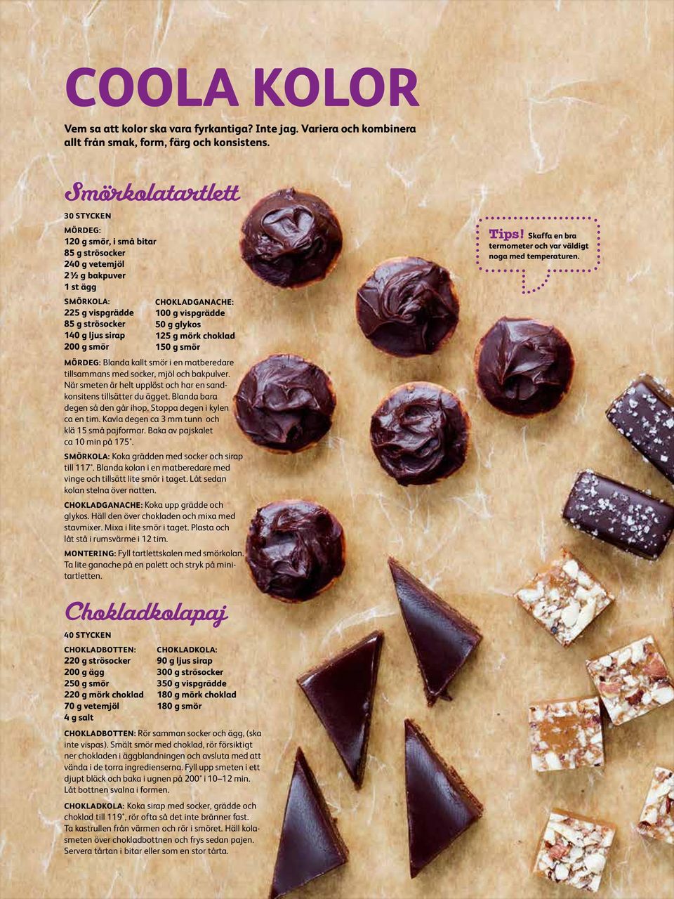 Chokladganache: 100 g vispgrädde 50 g glykos 125 g mörk choklad 150 g smör Mördeg: Blanda kallt smör i en matberedare till sammans med socker, mjöl och bakpulver.