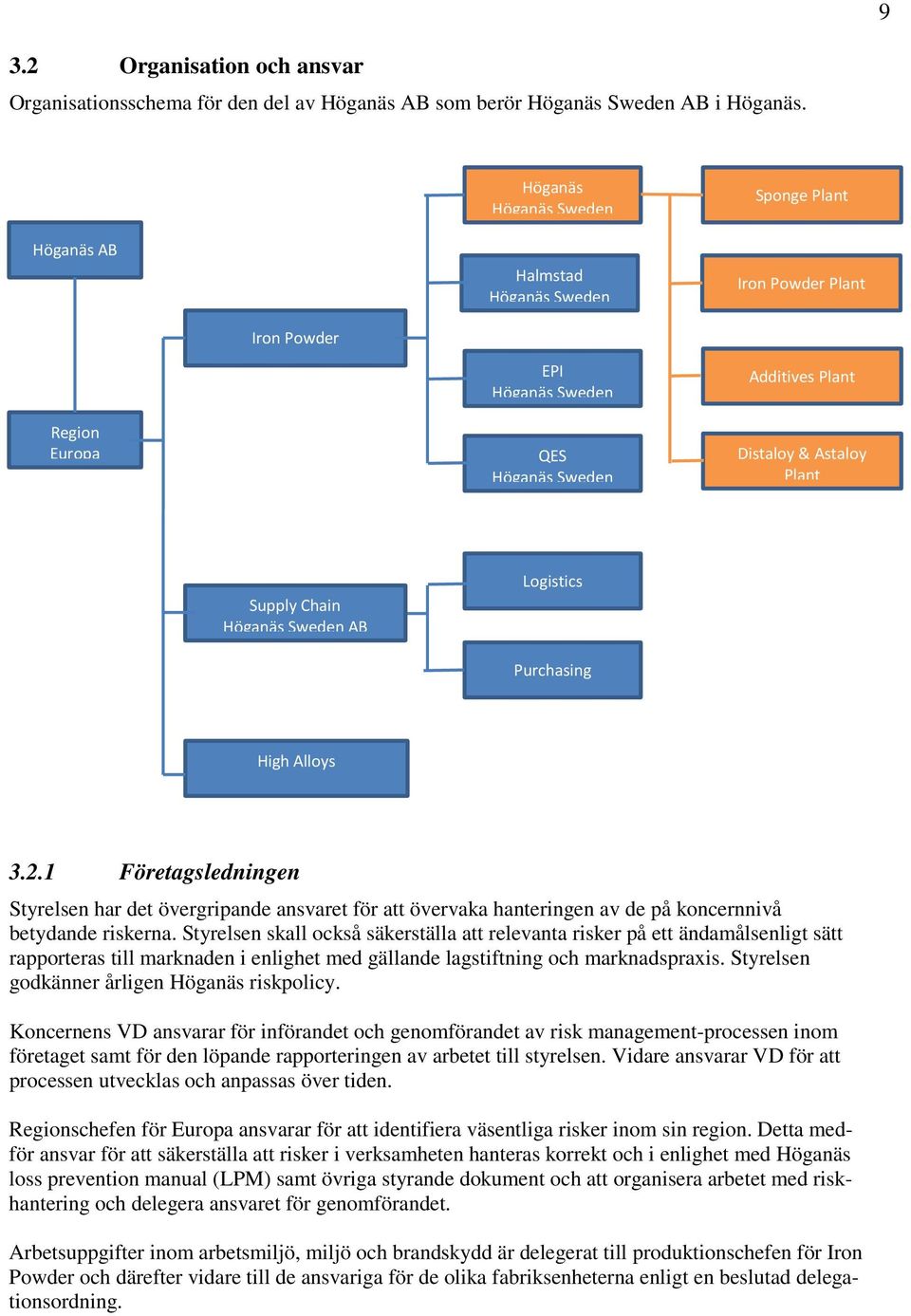 Supply Chain Höganäs Sweden AB Logistics Purchasing High Alloys 3.2.1 Företagsledningen Styrelsen har det övergripande ansvaret för att övervaka hanteringen av de på koncernnivå betydande riskerna.