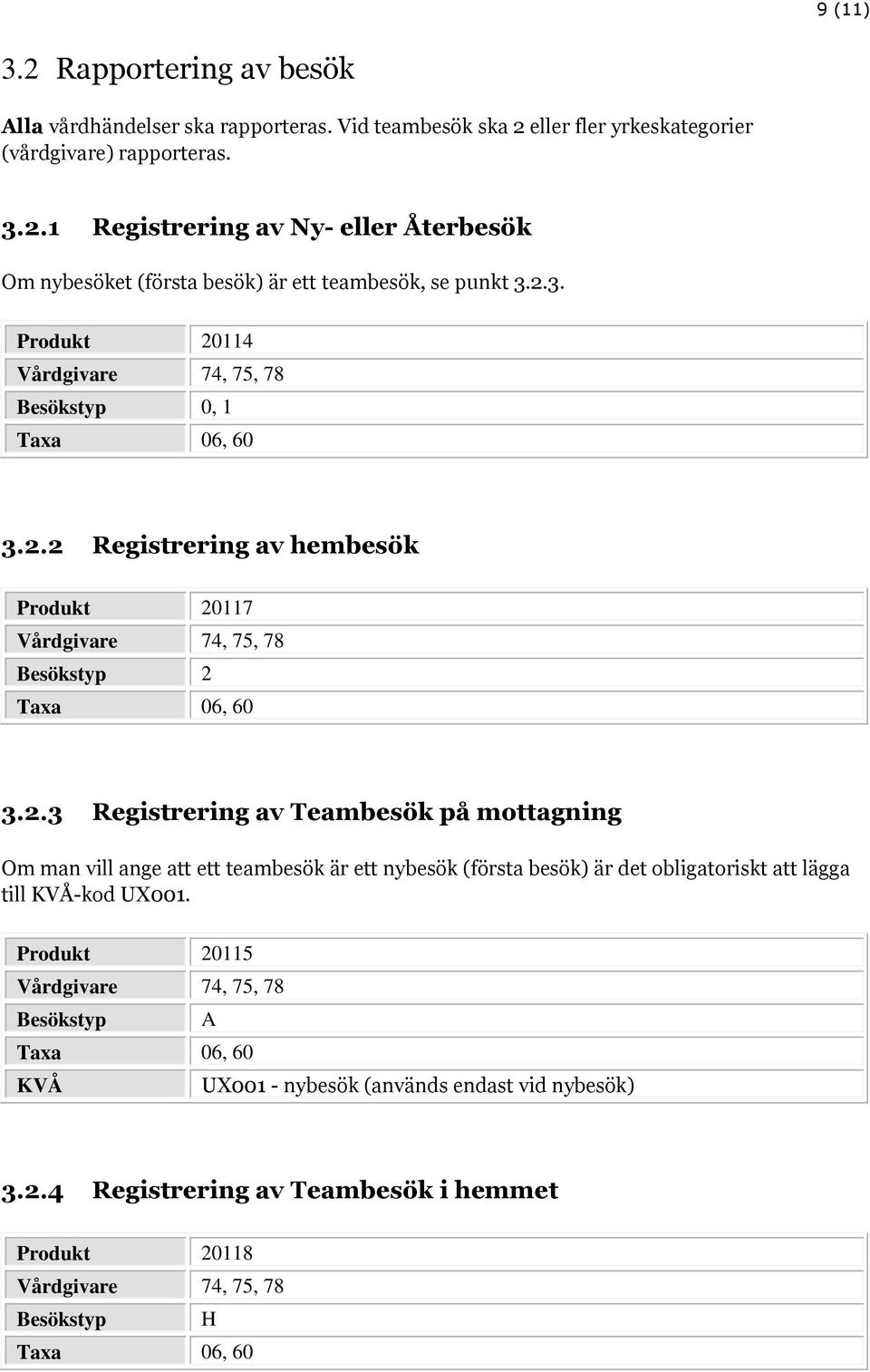 Produkt 20115 Besökstyp A KVÅ UX001 - nybesök (används endast vid nybesök) 3.2.4 Registrering av Teambesök i hemmet Produkt 20118 Besökstyp H