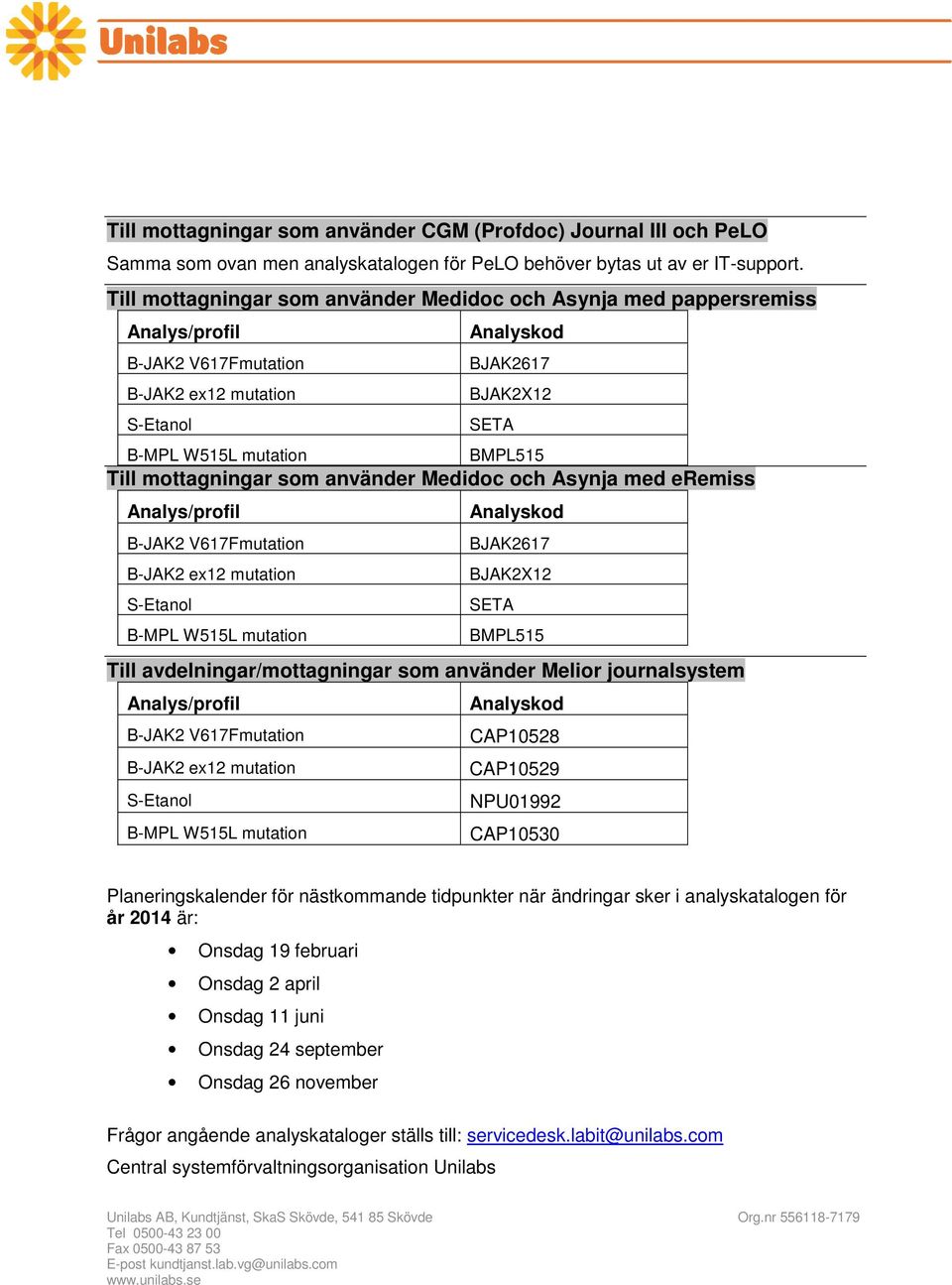 mottagningar som använder Medidoc och Asynja med eremiss Analys/profil Analyskod B-JAK2 V617Fmutation BJAK2617 B-JAK2 ex12 mutation BJAK2X12 S-Etanol SETA B-MPL W515L mutation BMPL515 Till