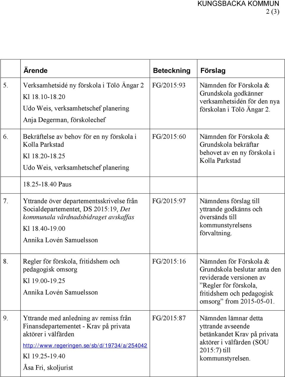 FG/2015:60 Nämnden för Förskola & Grundskola bekräftar behovet av en ny förskola i Kolla Parkstad FG/2015:97 Nämndens förslag till yttrande godkänns och översänds till kommunstyrelsens förvaltning.