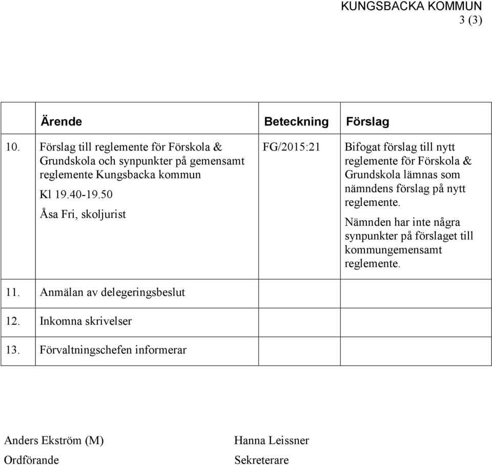 FG/2015:21 Bifogat förslag till nytt reglemente för Förskola & Grundskola lämnas som nämndens förslag på nytt reglemente. Kl 19.40-19.