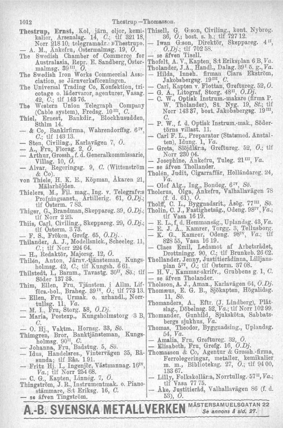 . " The SwedishChl\lIlber of Commerea for --:' seiifven 'I'isel], Australa.sia, Repr. E. Sandberg,pster- Thofelt, A. V., Kapten, S:t Eriksplan 6 B, Va. malmsg: 39 III, V.". 'I'holander, J.A.., Handl.