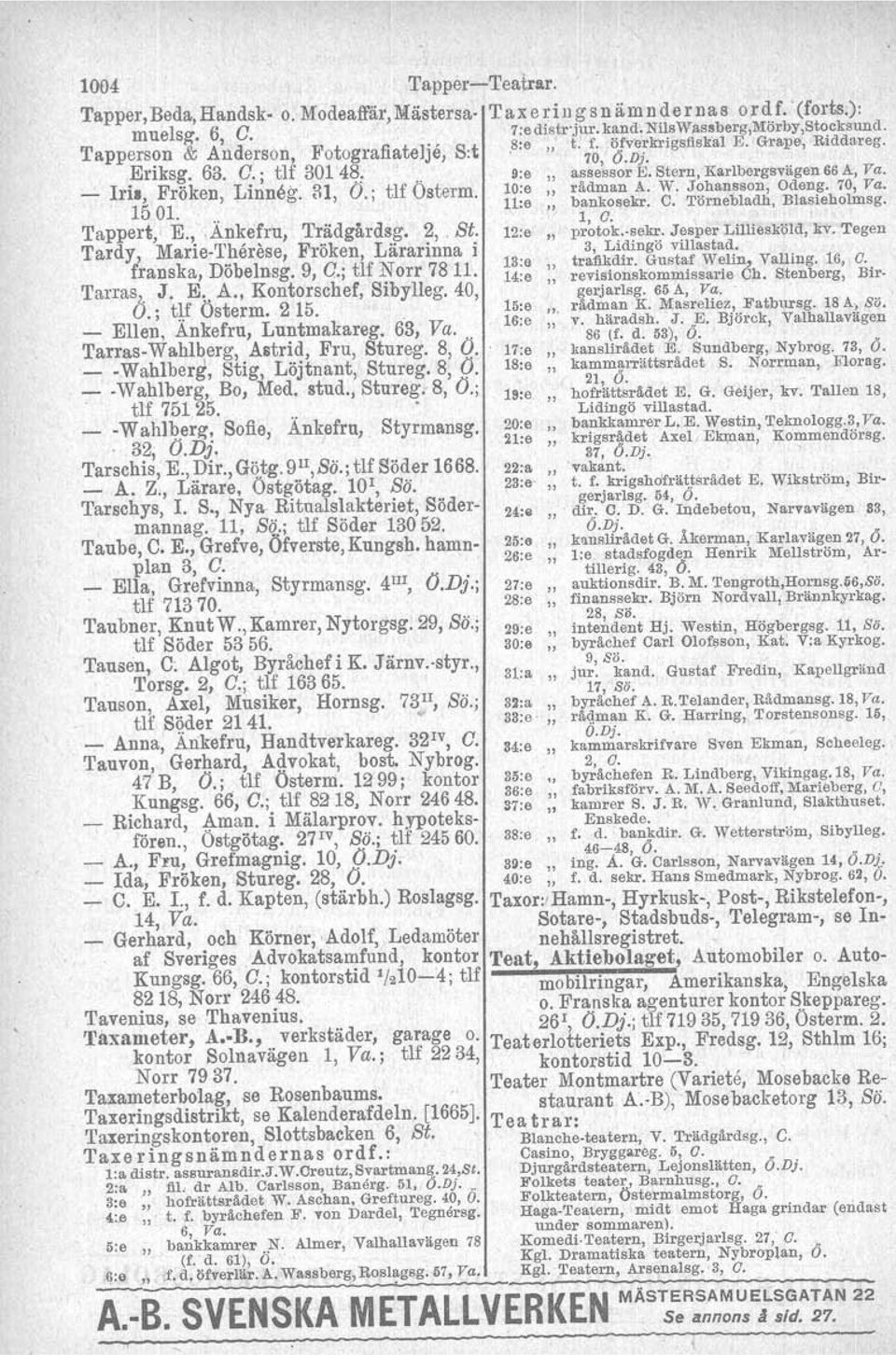 _ 11'11 Fröken Linneg 3l O tlf Osterm 10:e" rådman A. W. Johansson, Odeng. 70,Va. 15 01. ".. ".,.. 1,.l:e (; bankosekr. C. Törnebladh,Blasieholmsg. Tappert,' E.,.Änkefr'U,. Trädgårdsg.,2,. St.