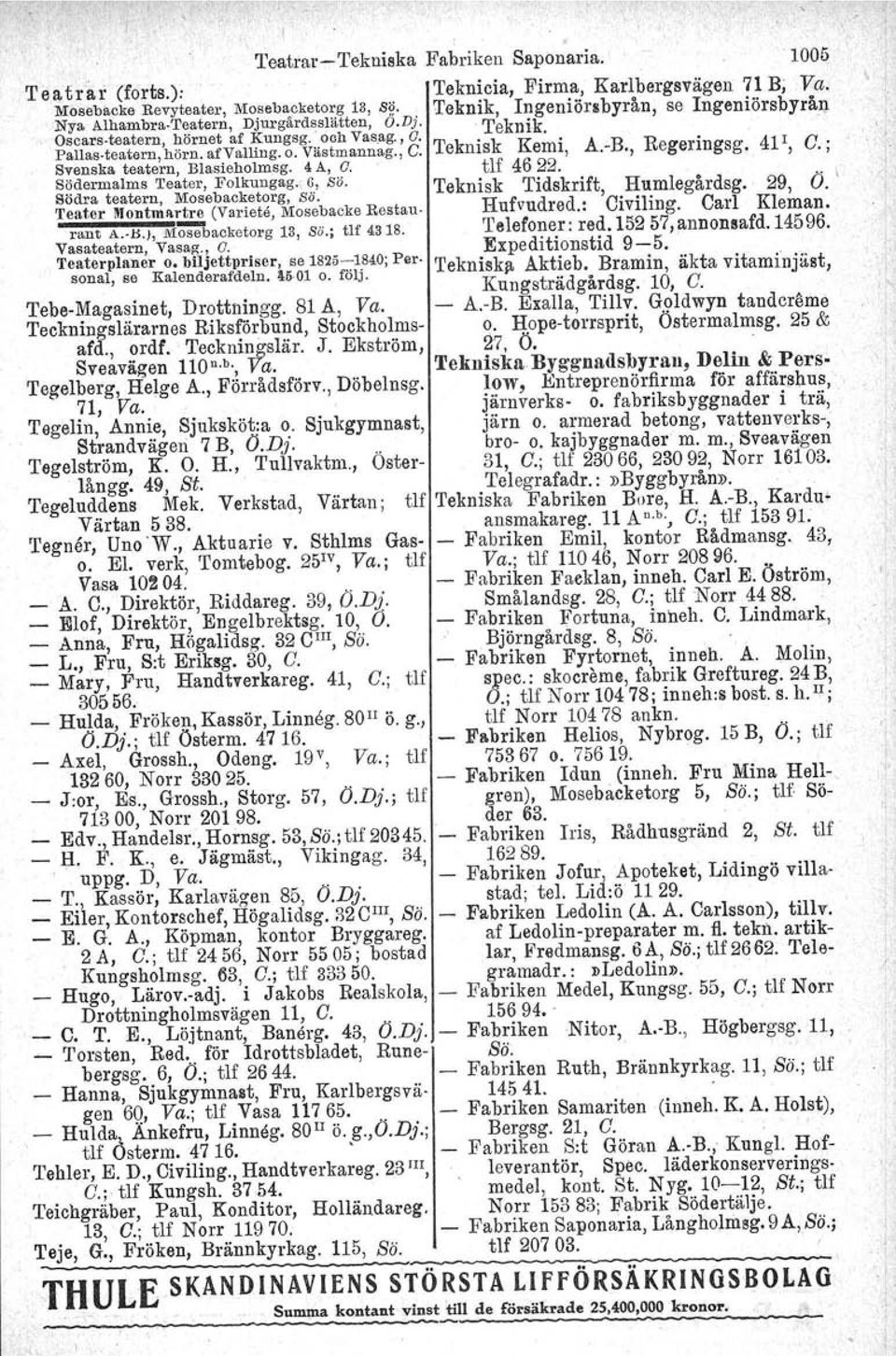 afvalling. o. Västmannag., C. Teknisk Kemi, A.-B., Regenngsg, 41, C.; Svenska teatern, Blasieholmsg. 4 A, a. tlf 4622. ' S~dermalms Teater, Folkungag.; 6.' se.