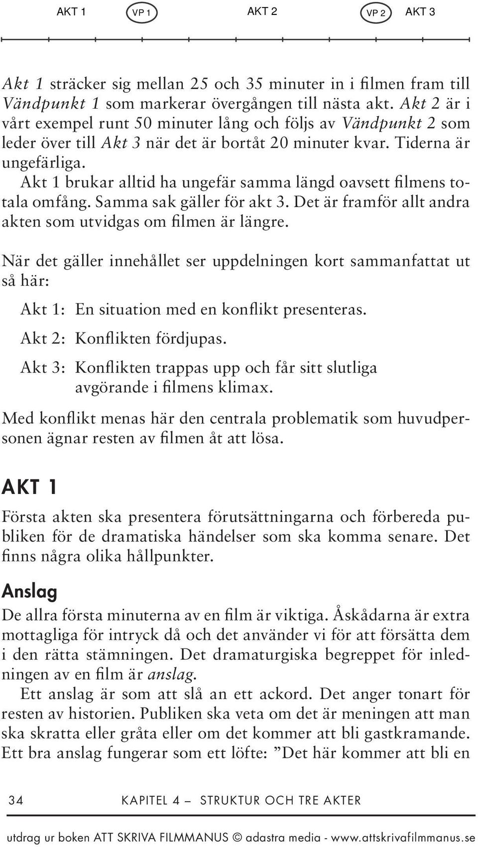 Akt 1 brukar alltid ha ungefär samma längd oavsett filmens totala omfång. Samma sak gäller för akt 3. Det är framför allt andra akten som utvidgas om filmen är längre.