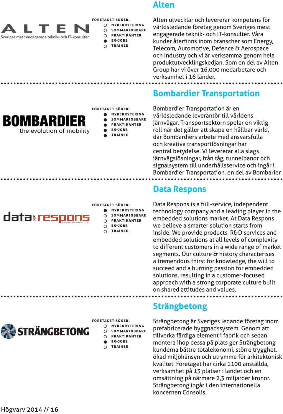 Som en del av Alten Group har vi över 16.000 medarbetare och verksamhet i 16 länder. Bombardier Transportation Bombardier Transportation är en världsledande leverantör till världens järnvägar.