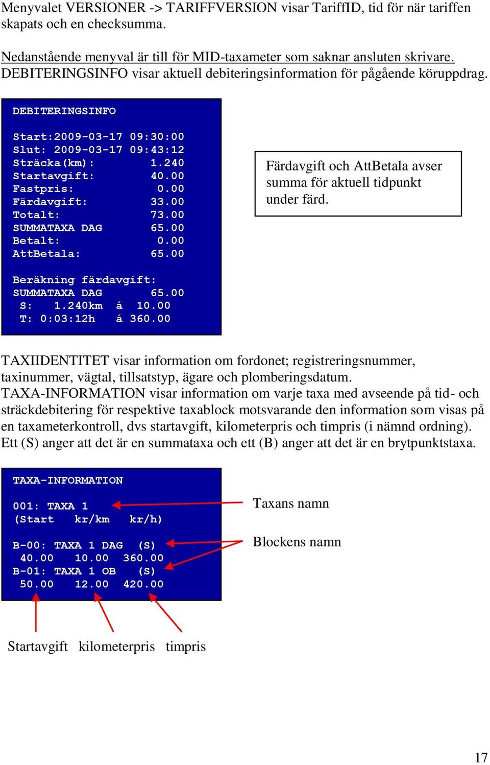 00 Färdavgift: 33.00 Totalt: 73.00 SUMMATAXA DAG 65.00 Betalt: 0.00 AttBetala: 65.00 Färdavgift och AttBetala avser summa för aktuell tidpunkt under färd. Beräkning färdavgift: SUMMATAXA DAG 65.