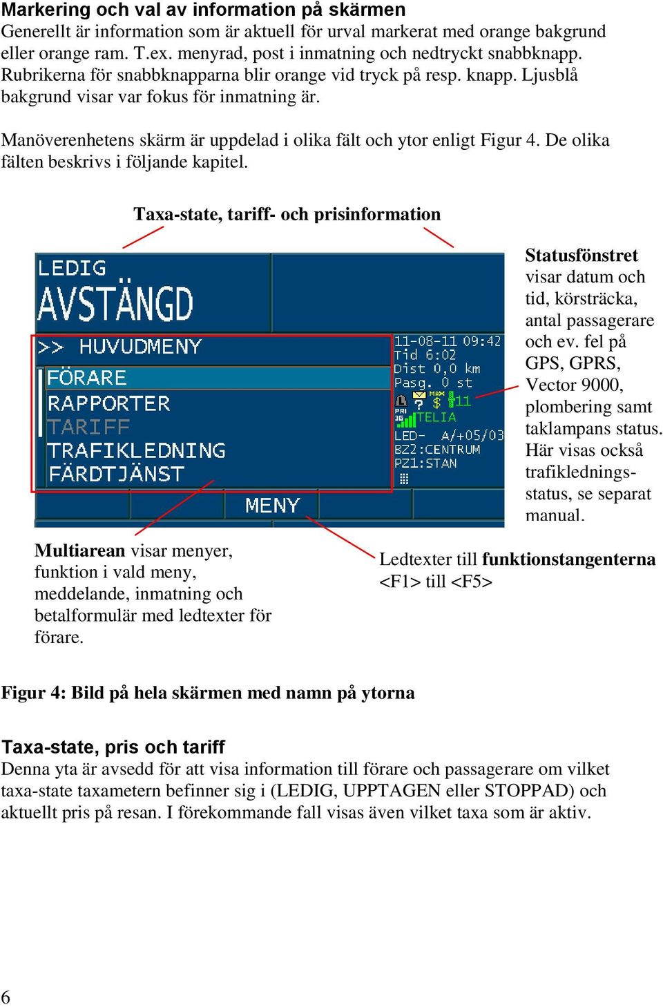 De olika fälten beskrivs i följande kapitel. Taxa-state, tariff- och prisinformation Statusfönstret visar datum och tid, körsträcka, antal passagerare och ev.