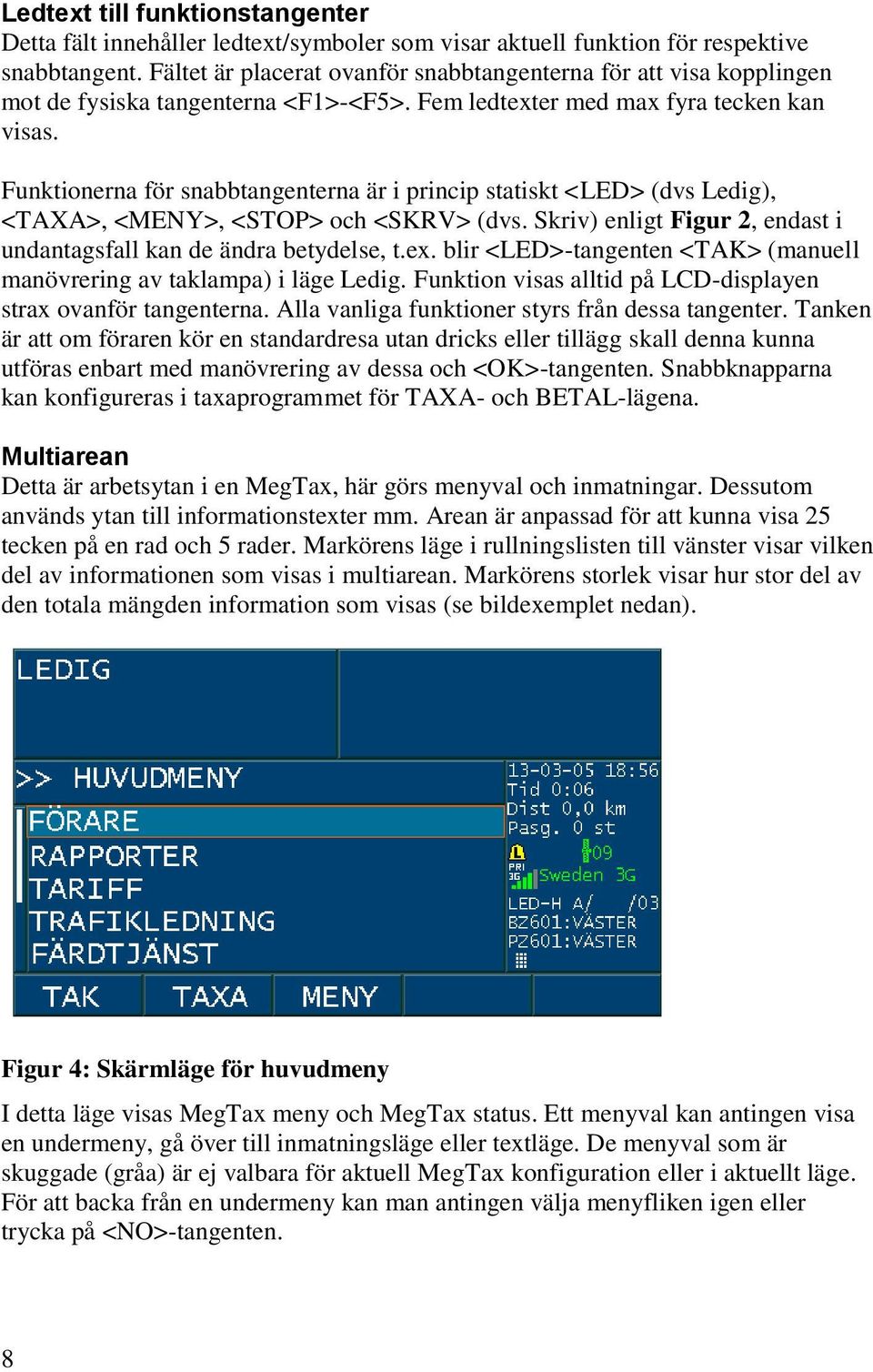 Funktionerna för snabbtangenterna är i princip statiskt <LED> (dvs Ledig), <TAXA>, <MENY>, <STOP> och <SKRV> (dvs. Skriv) enligt Figur 2, endast i undantagsfall kan de ändra betydelse, t.ex.