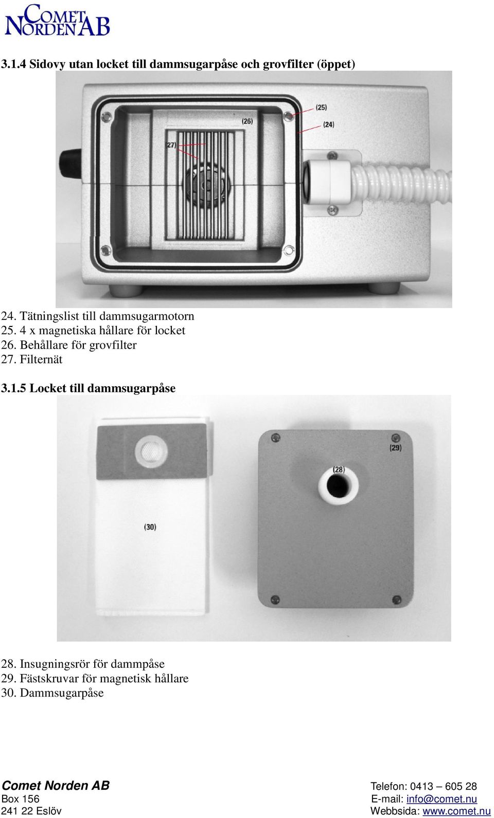 Behållare för grovfilter 27. Filternät 3.1.5 Locket till dammsugarpåse 28.