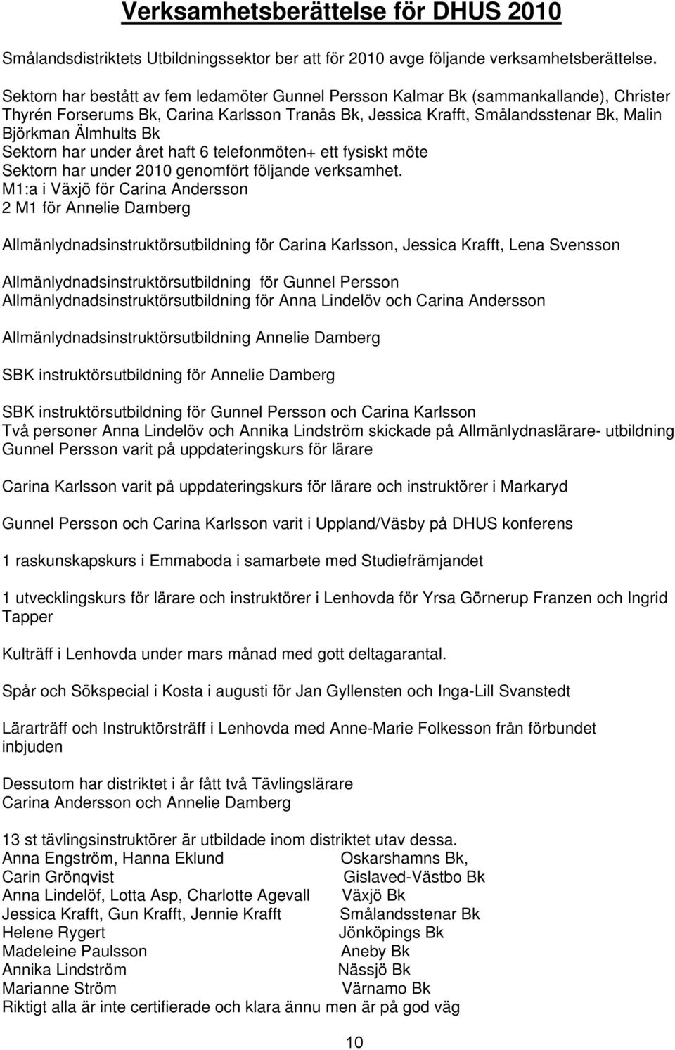 Sektorn har under året haft 6 telefonmöten+ ett fysiskt möte Sektorn har under 2010 genomfört följande verksamhet.