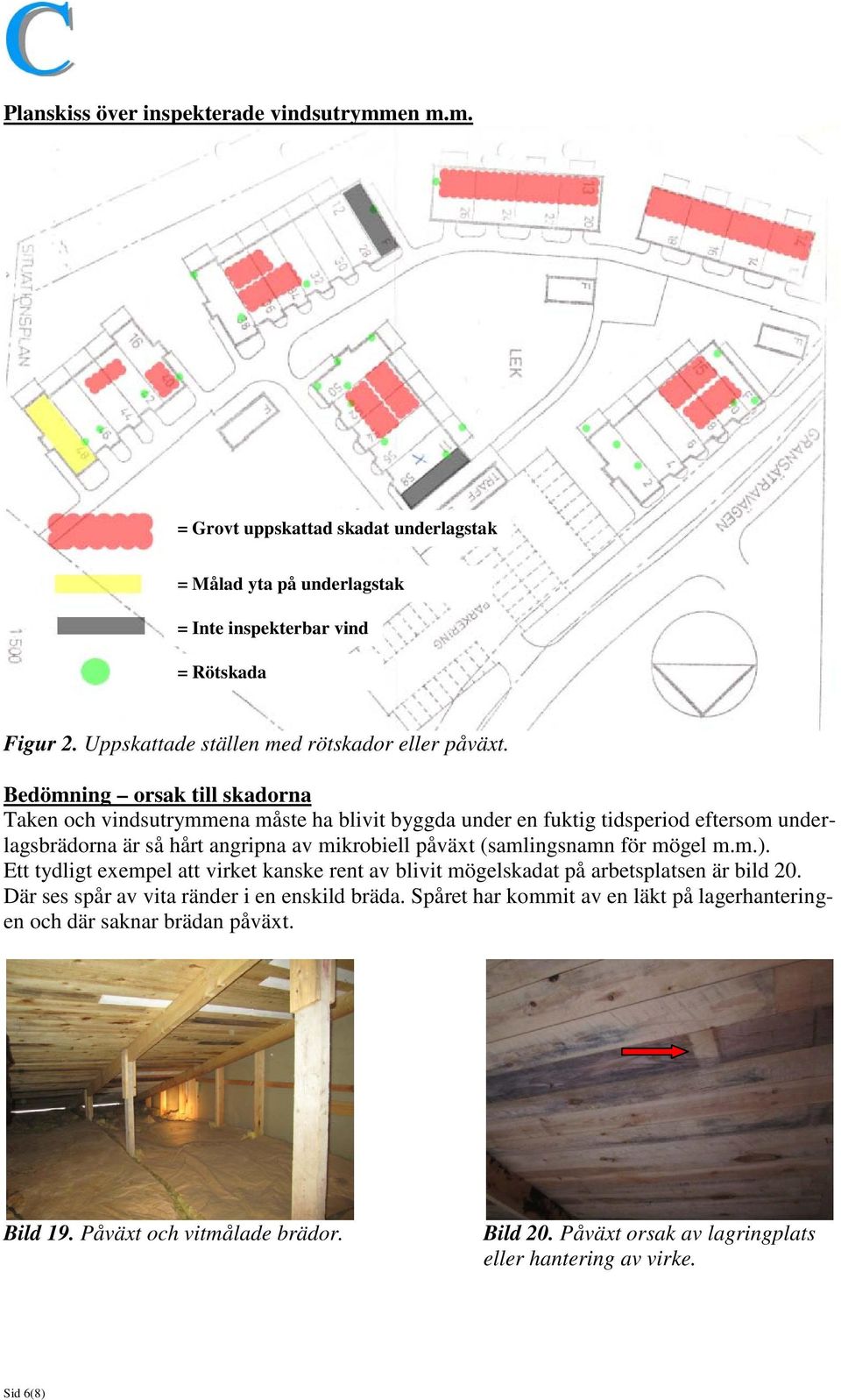 Bedömning orsak till skadorna Taken och vindsutrymmena måste ha blivit byggda under en fuktig tidsperiod eftersom underlagsbrädorna är så hårt angripna av mikrobiell påväxt