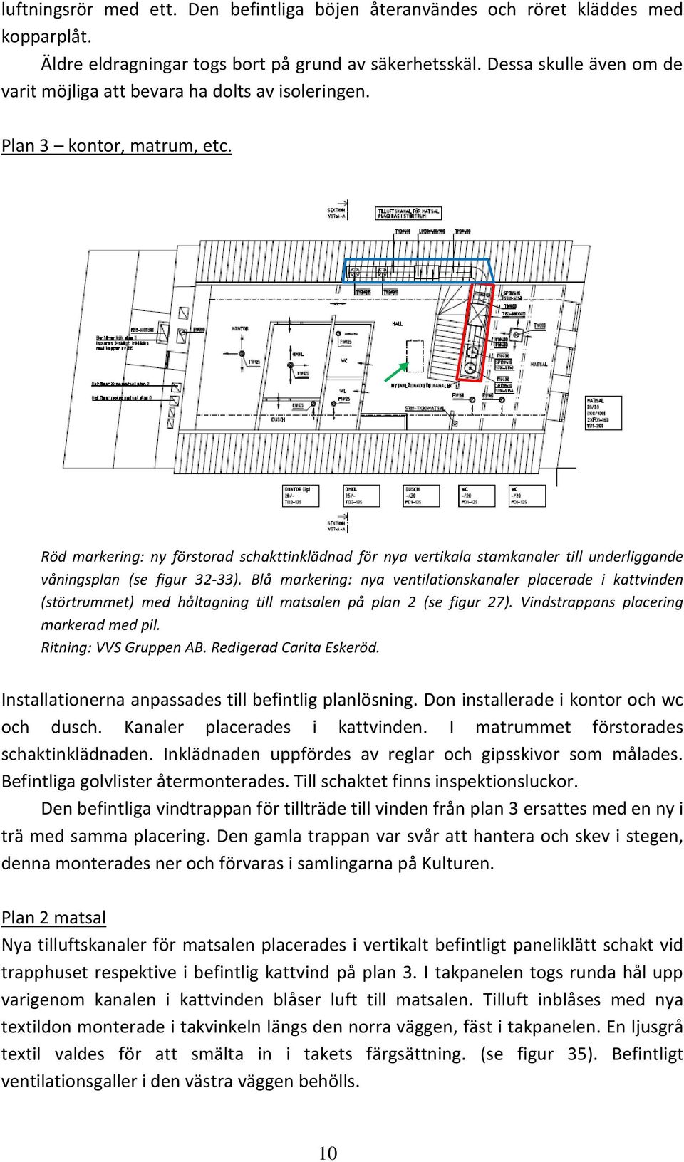 Röd markering: ny förstorad schakttinklädnad för nya vertikala stamkanaler till underliggande våningsplan (se figur 32-33).