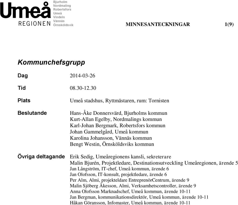 kommun Karolina Johansson, Vännäs kommun Bengt Westin, Örnsköldsviks kommun Övriga deltagande Erik Sedig, Umeåregionens kansli, sekreterare Malin Bjurén, Projektledare, Destinationsutveckling