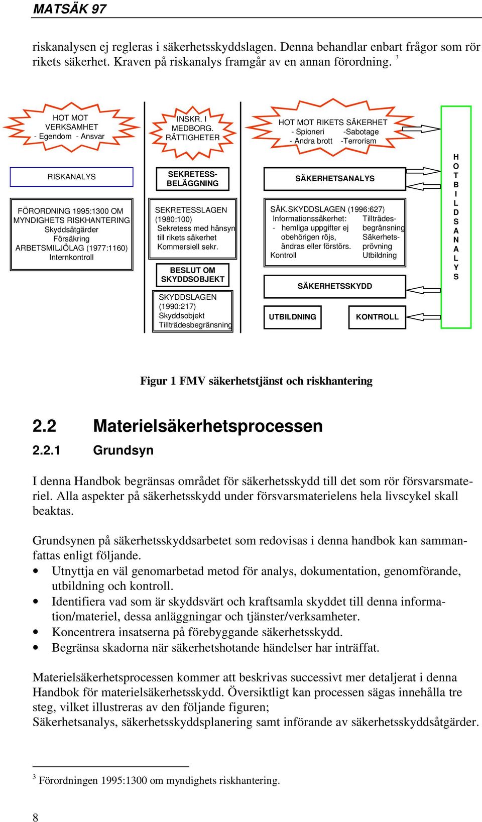 RÄTTIGHETER HOT MOT RIKETS SÄKERHET - Spioneri -Sabotage - Andra brott -Terrorism RISKANALYS FÖRORDNING 1995:1300 OM MYNDIGHETS RISKHANTERING Skyddsåtgärder Försäkring ARBETSMILJÖLAG (1977:1160)