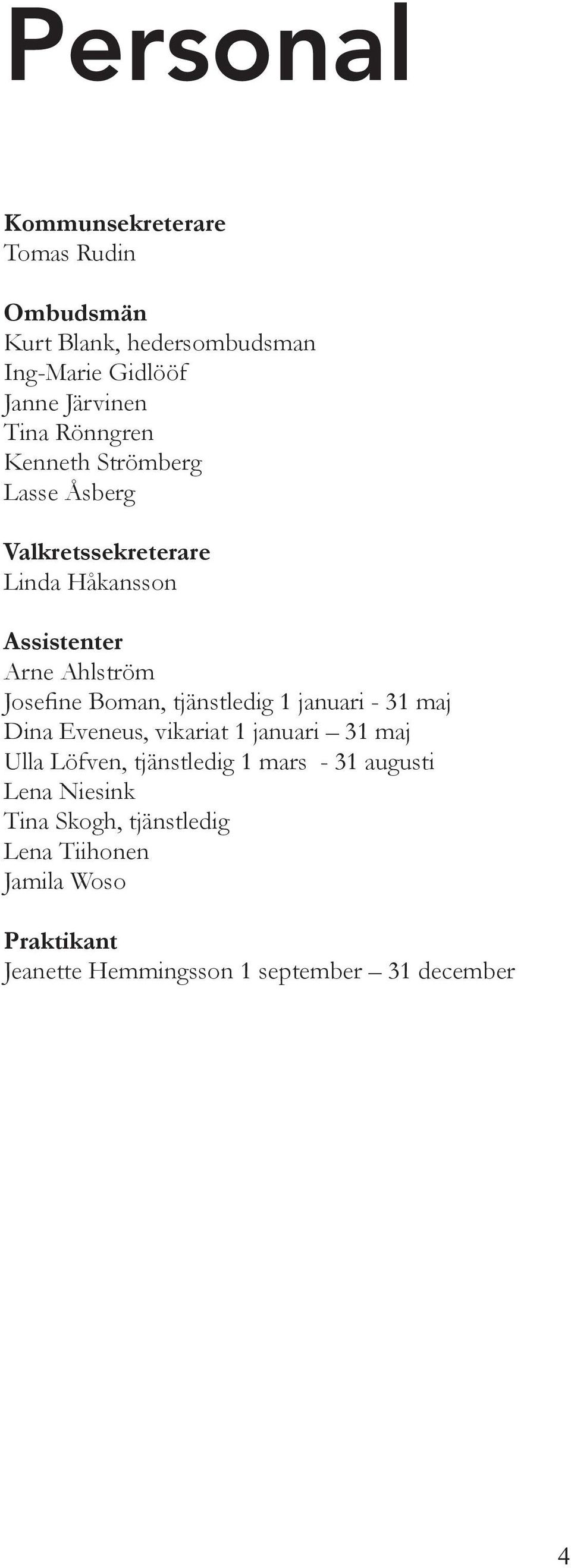 tjänstledig 1 januari - 31 maj Dina Eveneus, vikariat 1 januari 31 maj Ulla Löfven, tjänstledig 1 mars - 31 augusti