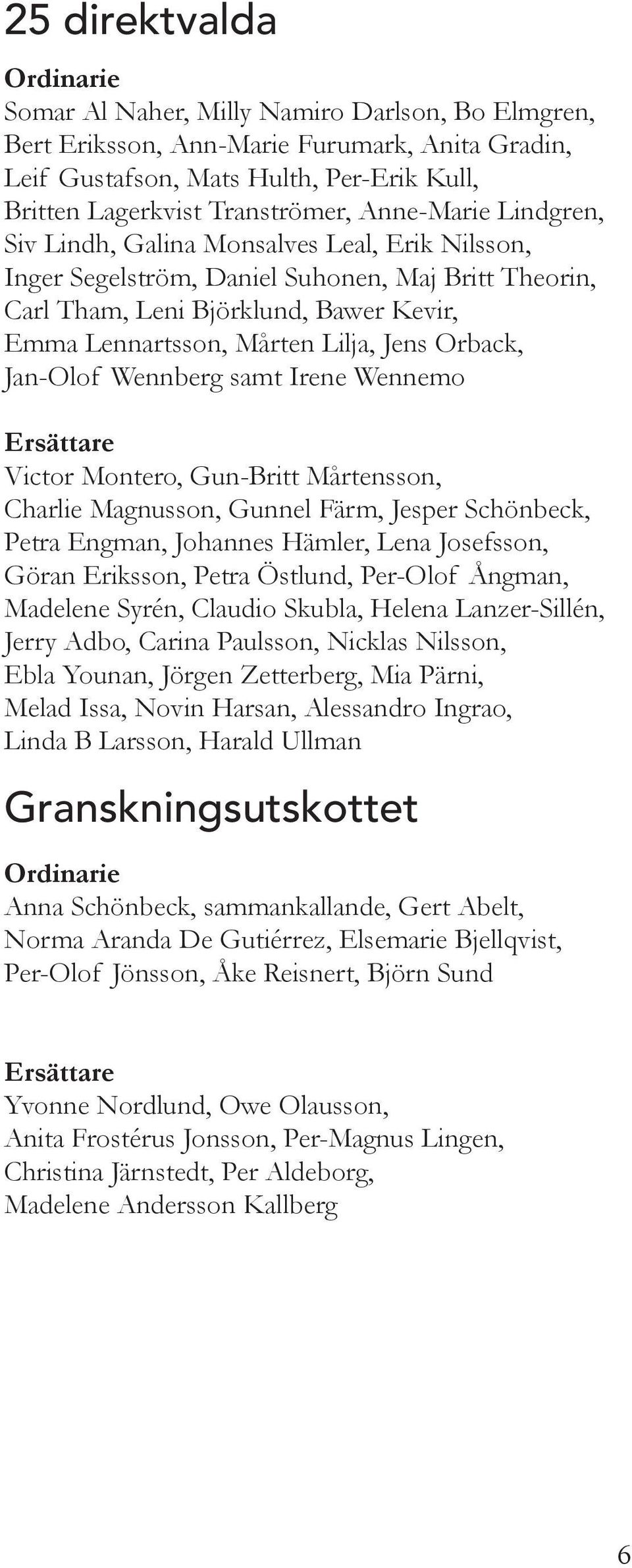 Orback, Jan-Olof Wennberg samt Irene Wennemo Ersättare Victor Montero, Gun-Britt Mårtensson, Charlie Magnusson, Gunnel Färm, Jesper Schönbeck, Petra Engman, Johannes Hämler, Lena Josefsson, Göran