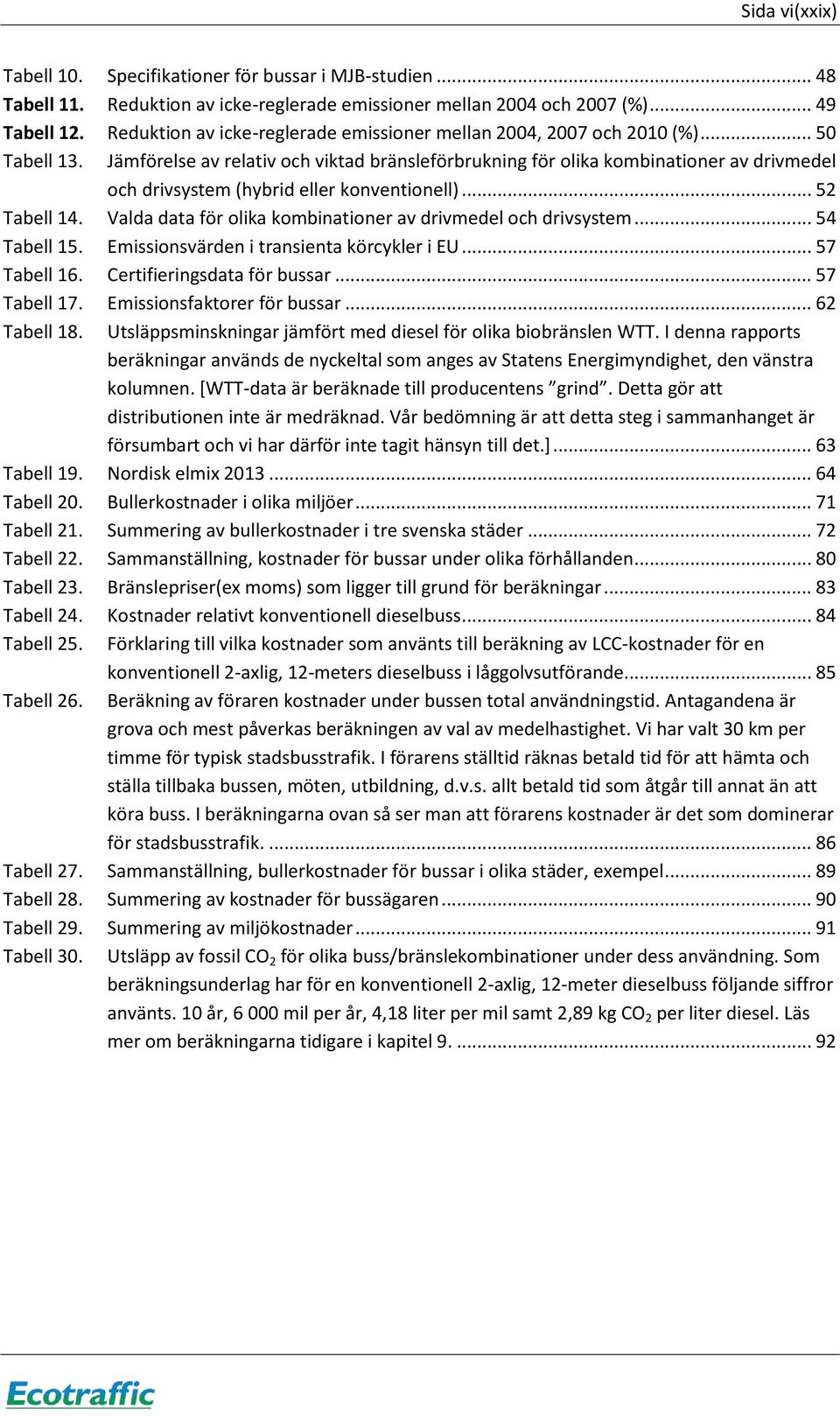 Jämförelse av relativ och viktad bränsleförbrukning för olika kombinationer av drivmedel och drivsystem (hybrid eller konventionell)... 52 Tabell 14.